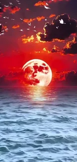 Red moon over ocean waves with dramatic clouds and birds.
