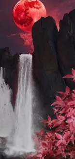 Red moon and waterfall with pink leaves in a night landscape.