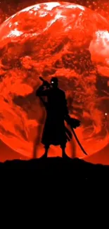 Silhouette of a samurai against a vivid red moon background.