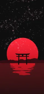 Silhouetted torii gate with red moon and stars.