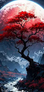 Dramatic landscape with a red tree under a luminous moon.