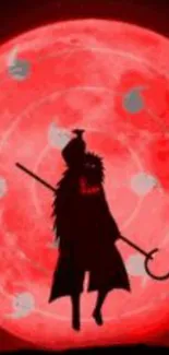 Silhouette figure against a vibrant red moon background.