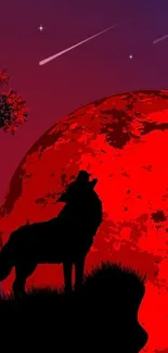 Silhouette of wolf howling at a red moon with stars in the night sky.