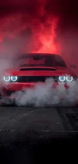 Red muscle car enveloped in thick smoke and dynamic lighting.