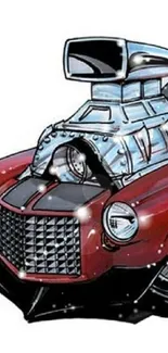 Illustrated red muscle car with chrome details and a powerful engine.