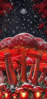 Red mushrooms in a snowy winter scene, glowing warmly.