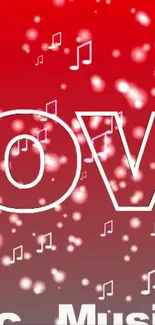 Red wallpaper with love text and music notes.