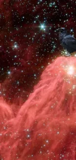 A raven perched on a red nebula with stars in a cosmic background.