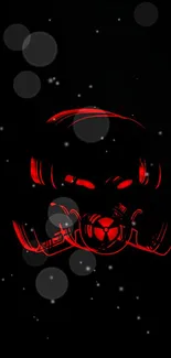 Red neon gas mask in dark bokeh design.