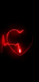 Red neon heart and heartbeat line on black background wallpaper.