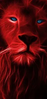 Red neon lion with vibrant blue eyes in abstract digital art.