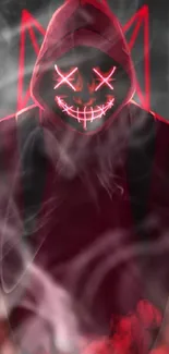 Dark red neon mask in a hooded design, digital art.