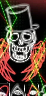 Red neon skull with wings and top hat, dark background.