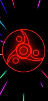 Red neon symbol with glowing lines on a dark background