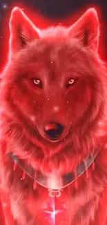 Neon red wolf with a glowing necklace art.