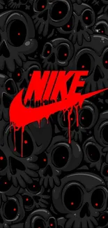 Nike logo with a dark skull pattern background in black and red colors.