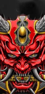 Red Oni mask with horns on a dark background mobile wallpaper.