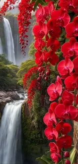 Red orchids cascading near a beautiful waterfall.