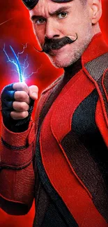 Hero in red suit with blue lightning.