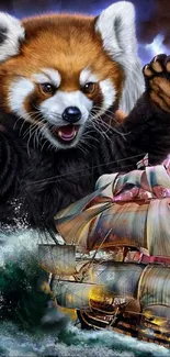 Artwork of a giant red panda looming over a stormy sea with a vintage ship.