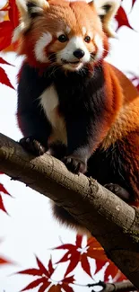 A cute red panda sits on a tree branch surrounded by red autumn leaves.