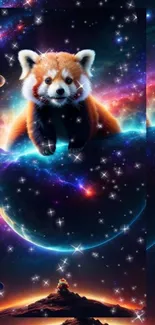 Cute red panda in a cosmic galaxy with stars and planets, mobile wallpaper.