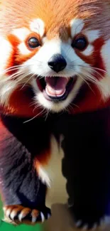 Close-up shot of a playful red panda with vibrant, contrasting colors.