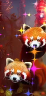 Fantasy art wallpaper with red pandas and colorful sparkles.