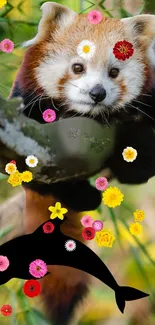 Red panda mobile wallpaper with colorful flowers and a dolphin silhouette.