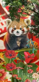 Red panda wallpaper with vibrant floral and foliage background.