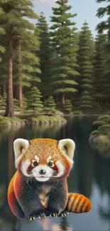 Red panda by a serene forest lake with lush trees.