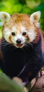 Vibrant red panda in lush green forest.