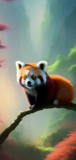 Red panda on a branch in a colorful forest.