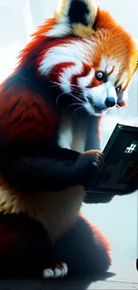 Red panda holding a game console in vibrant digital art.