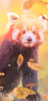 A red panda surrounded by falling autumn leaves on a tree branch.