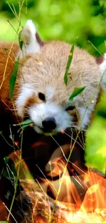 Red panda in a lush green forest setting with vibrant foliage.