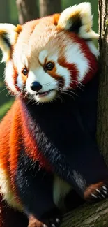 Mobile wallpaper featuring a red panda in a lush forest setting.