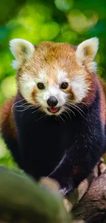 Red panda climbing on a tree branch in a green forest.