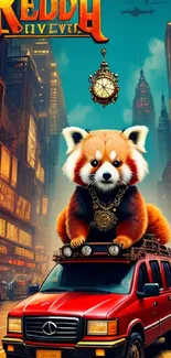 Red panda on a red car in a neon cityscape with vibrant colors.