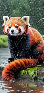 Red panda sitting in rain on a rock with green leaves.