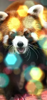 Red panda with russet fur walking on wooden platform.