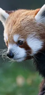 Close-up of a red panda with soft fur on a green background.