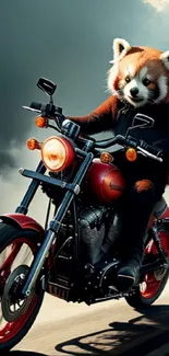 Red panda riding a motorcycle on open road.