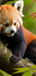 Red panda climbing a tree with lush green leaves in a vibrant forest setting.