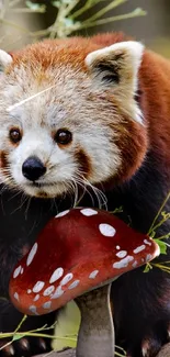 Red panda with mushroom in forest scene wallpaper.