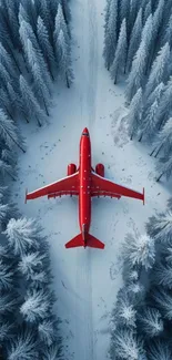 Red airplane flying over snowy forest landscape.