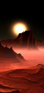 Futuristic red desert landscape with a glowing sun.