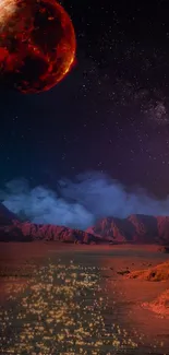 Red planet under starry night sky and desert landscape.