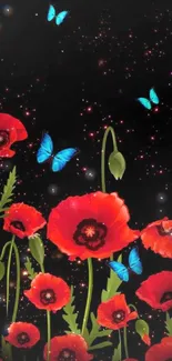 Vibrant wallpaper with red poppies and blue butterflies on a dark background.