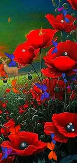 Vibrant wallpaper with red poppies and colorful butterflies.